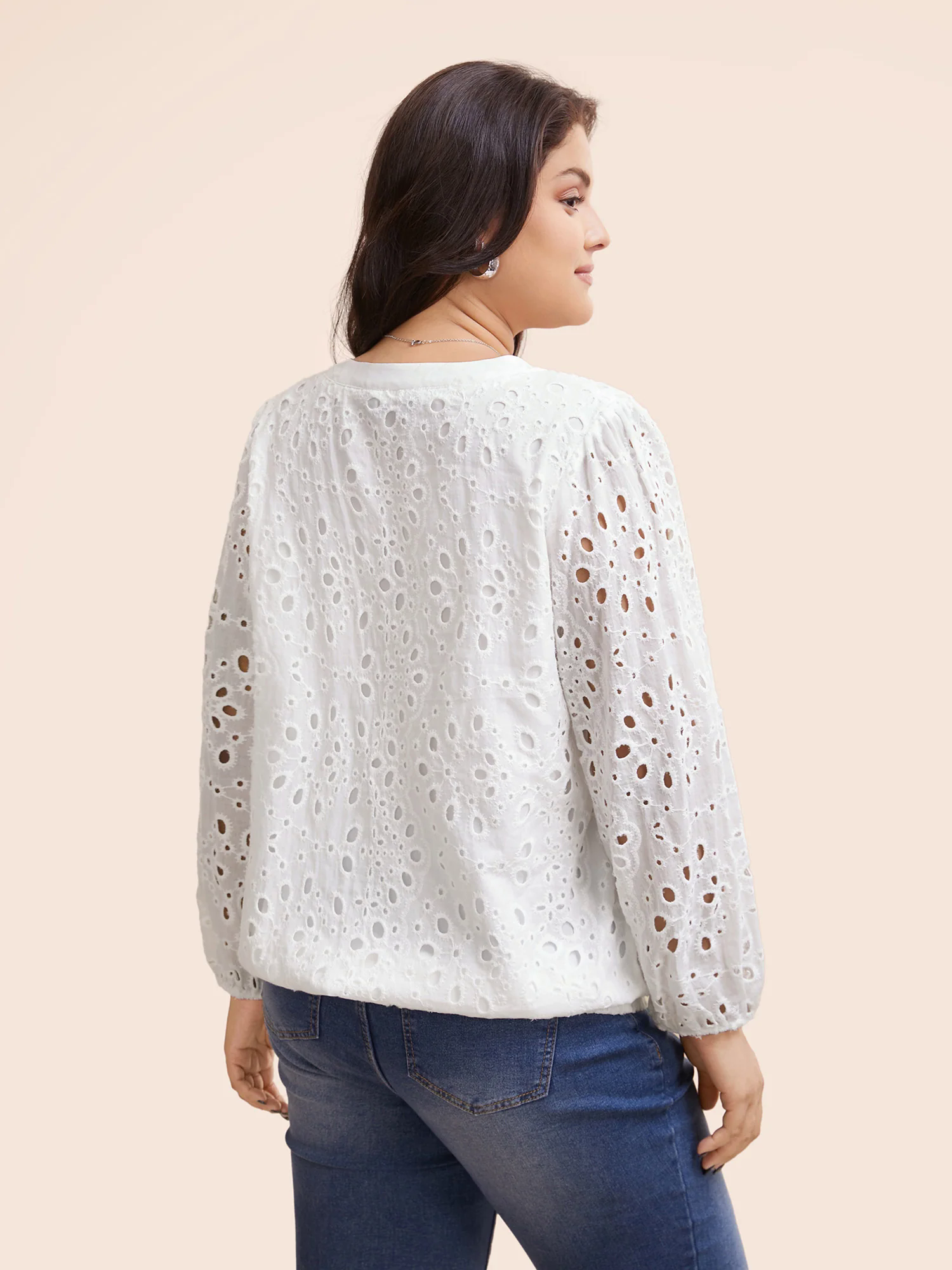 Notched Broderie Anglaise Lantern Sleeve Blouse Notched Broderie Anglaise Lantern Sleeve Blouse