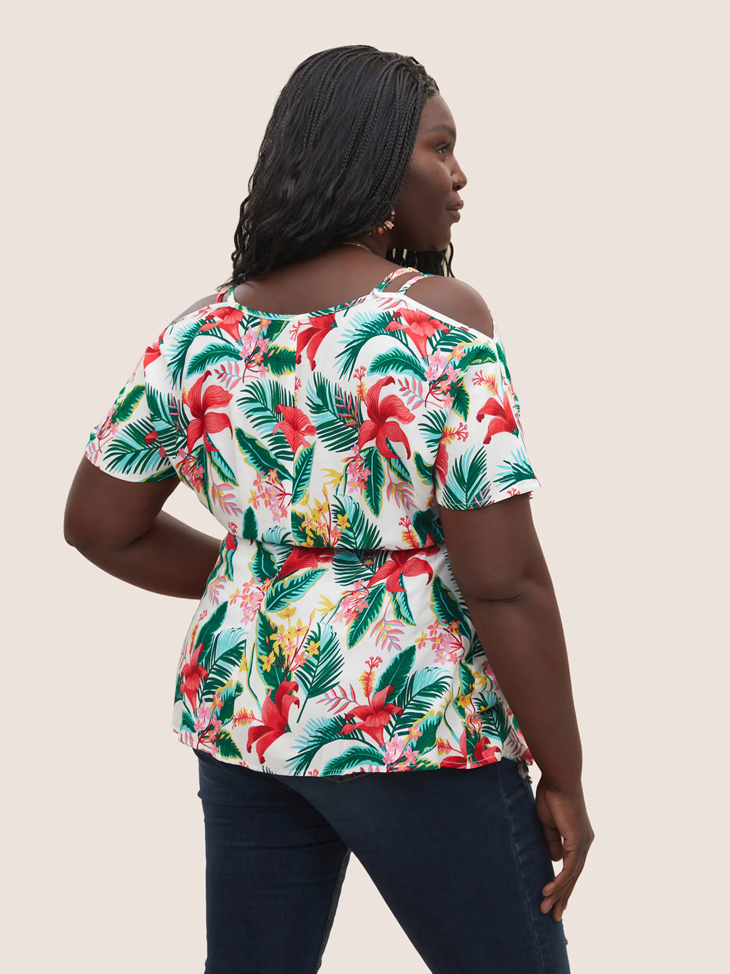 Tropical Print Elastic Waist Cold Shoulder Wrap Hem Blouse Tropical Print Elastic Waist Cold Shoulder Wrap Hem Blouse
