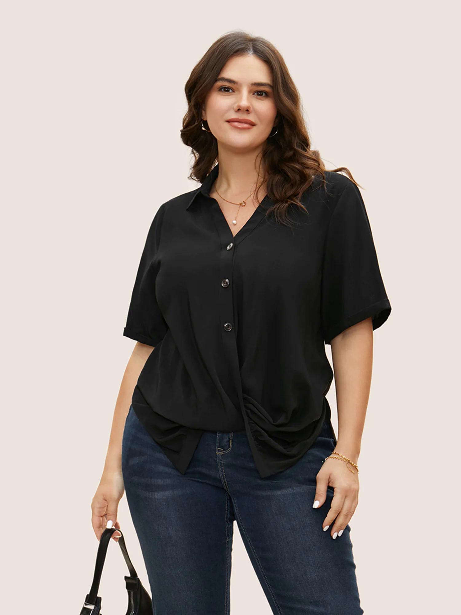 Shirt Collar Twist Front Button Up Blouse Shirt Collar Twist Front Button Up Blouse