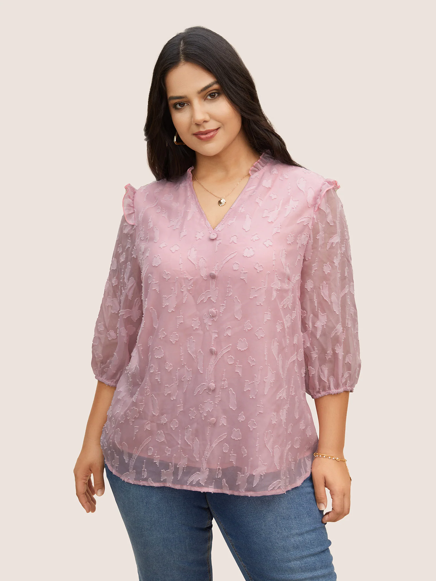 Chiffon Plain Textured Ruffle Trim Blouse Chiffon Plain Textured Ruffle Trim Blouse