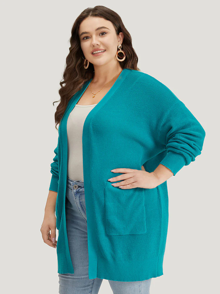 Solid Open Front Patched Pocket Cardigan Solid Open Front Patched Pocket Cardigan