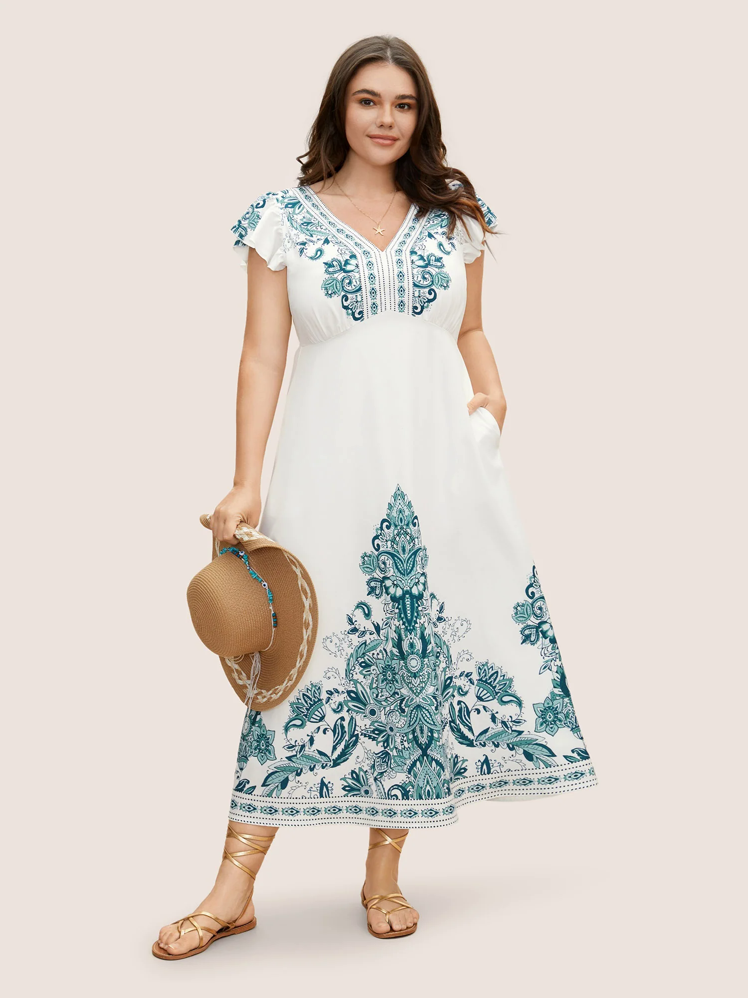 V Neck Boho Print Ruffle Cap Sleeve Dress