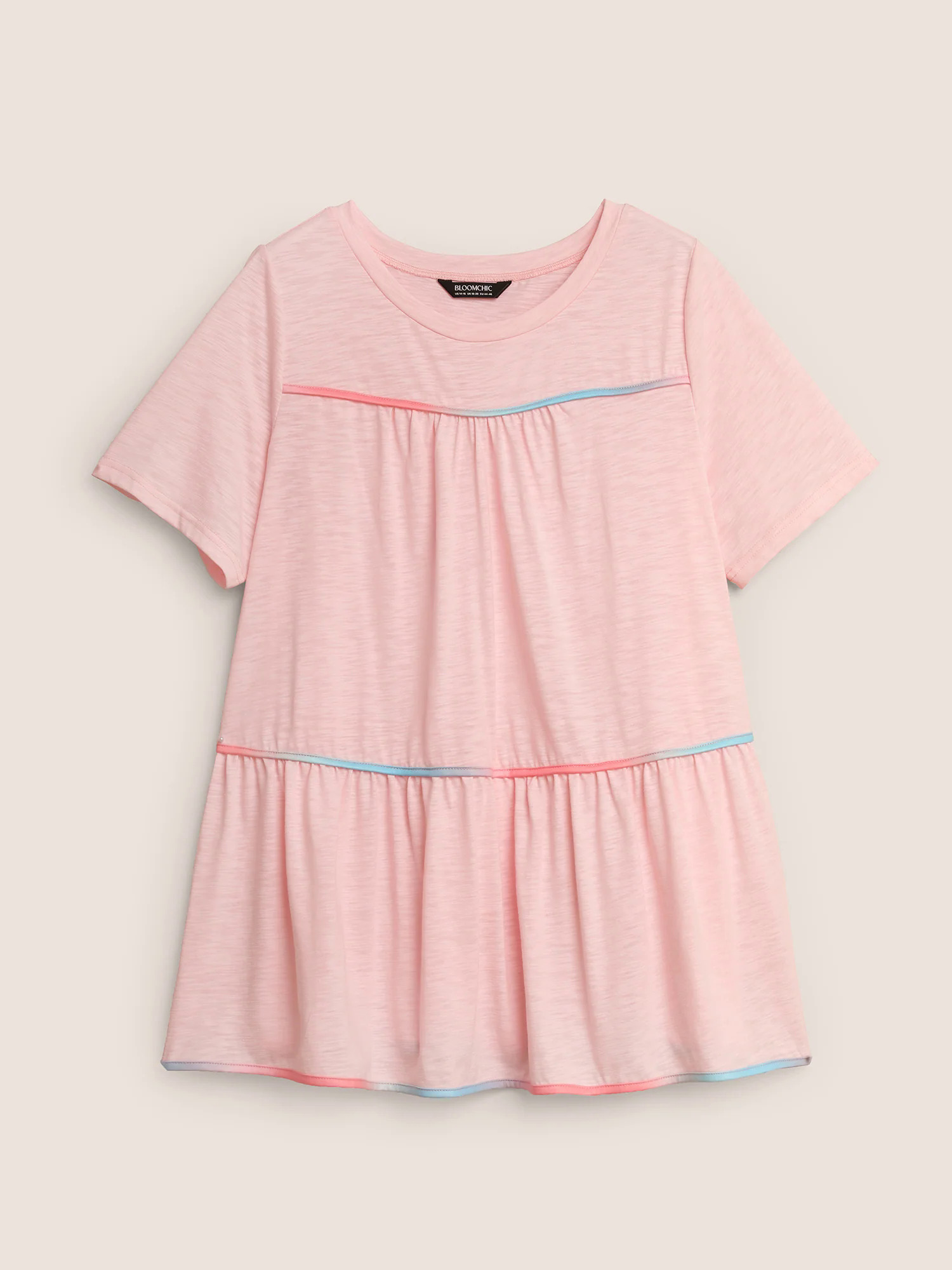 Round Neck Contrast Tucked Seam Ruffles T-shirt Round Neck Contrast Tucked Seam Ruffles T-shirt