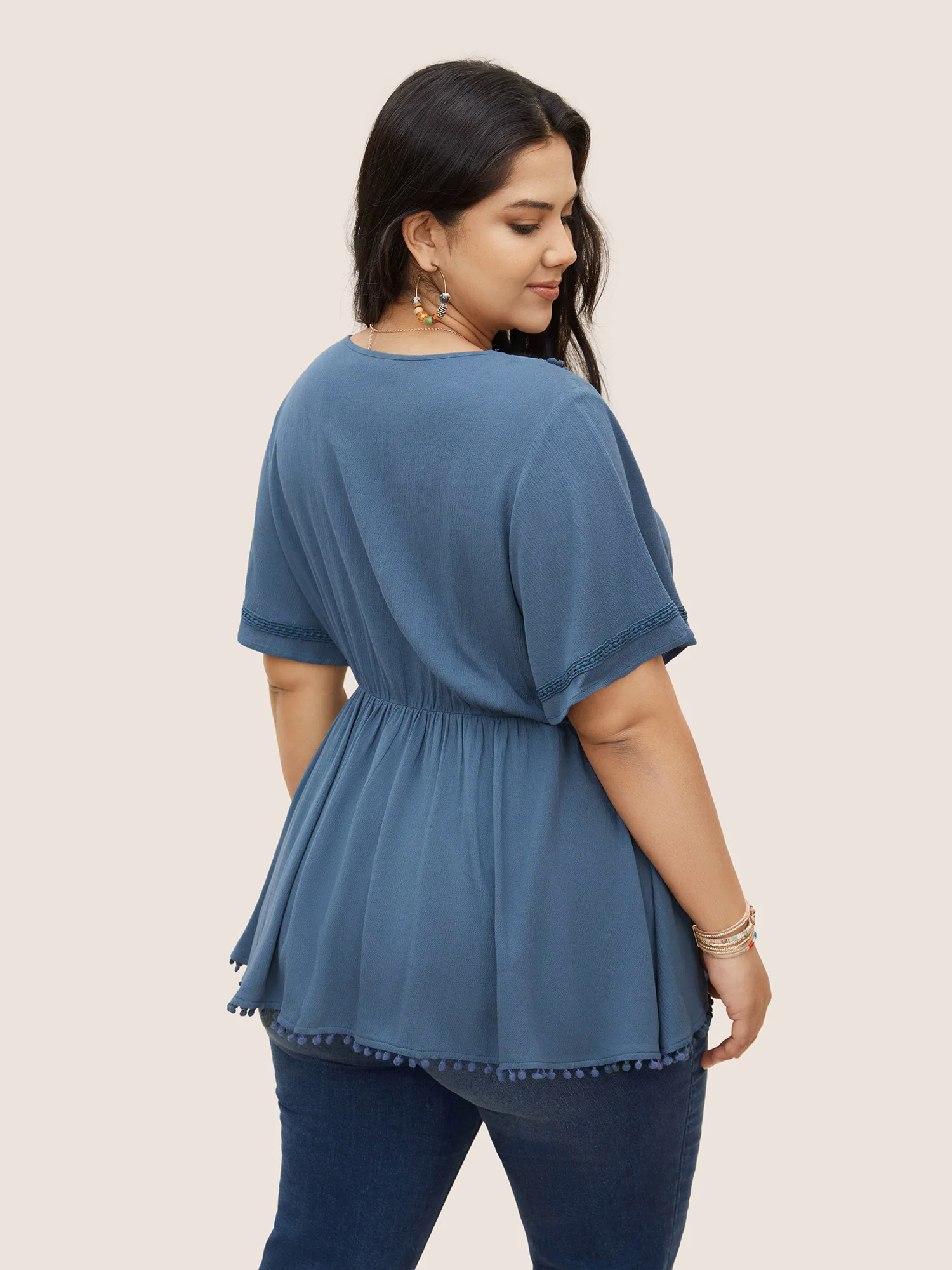 Rayon Plain Button Detail Pompom Trim Blouse Rayon Plain Button Detail Pompom Trim Blouse