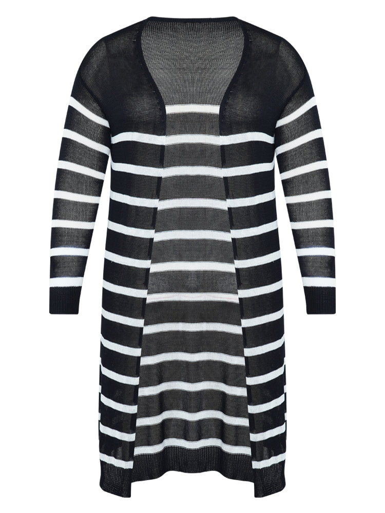 Striped Open Front Elastic Cuffs Drop Shoulder Cardigan Striped Open Front Elastic Cuffs Drop Shoulder Cardigan