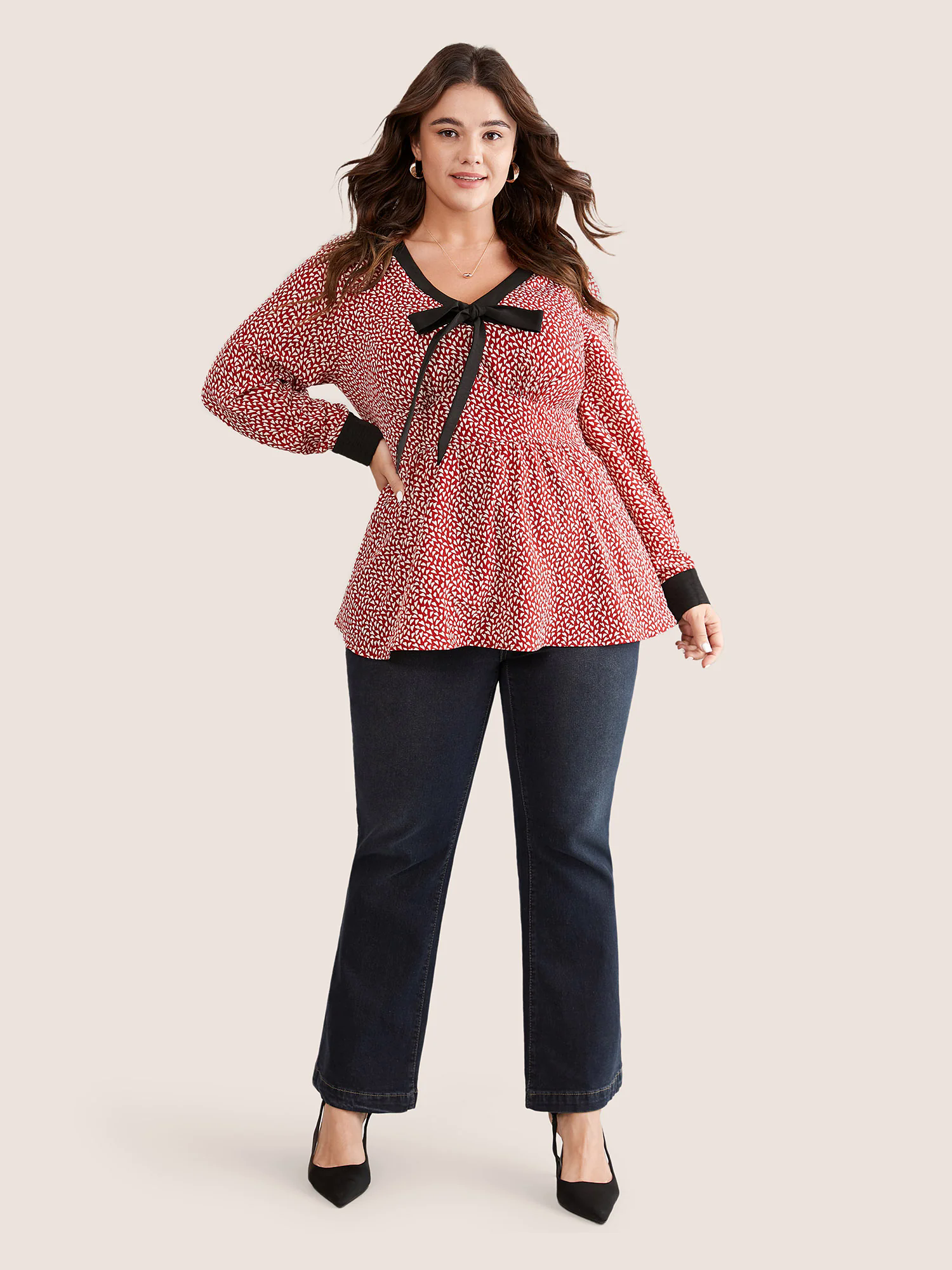 Heart Print Bowknot Elastic Waist Blouse Heart Print Bowknot Elastic Waist Blouse