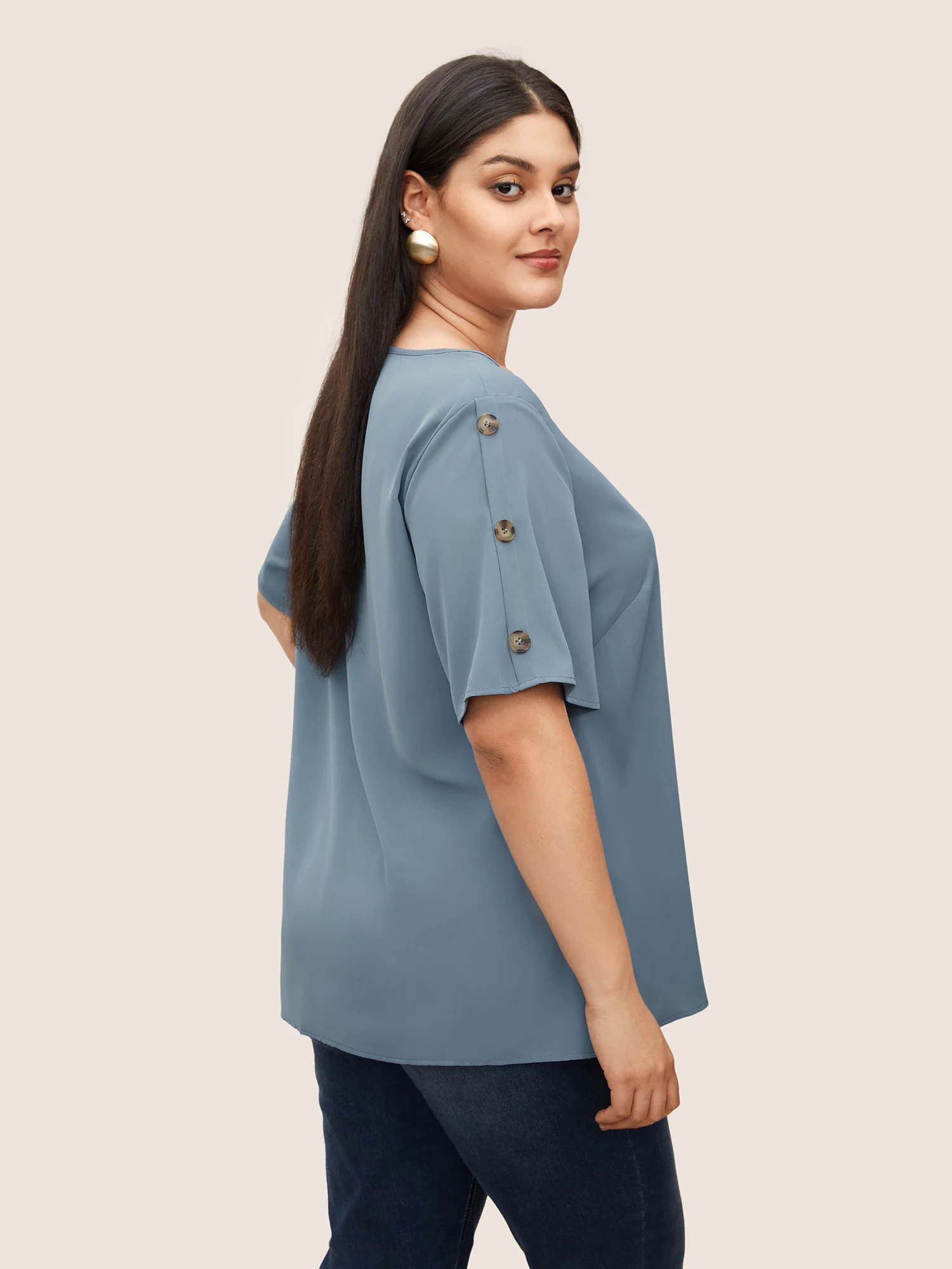 Plain Round Neck Button Detail Blouse Plain Round Neck Button Detail Blouse