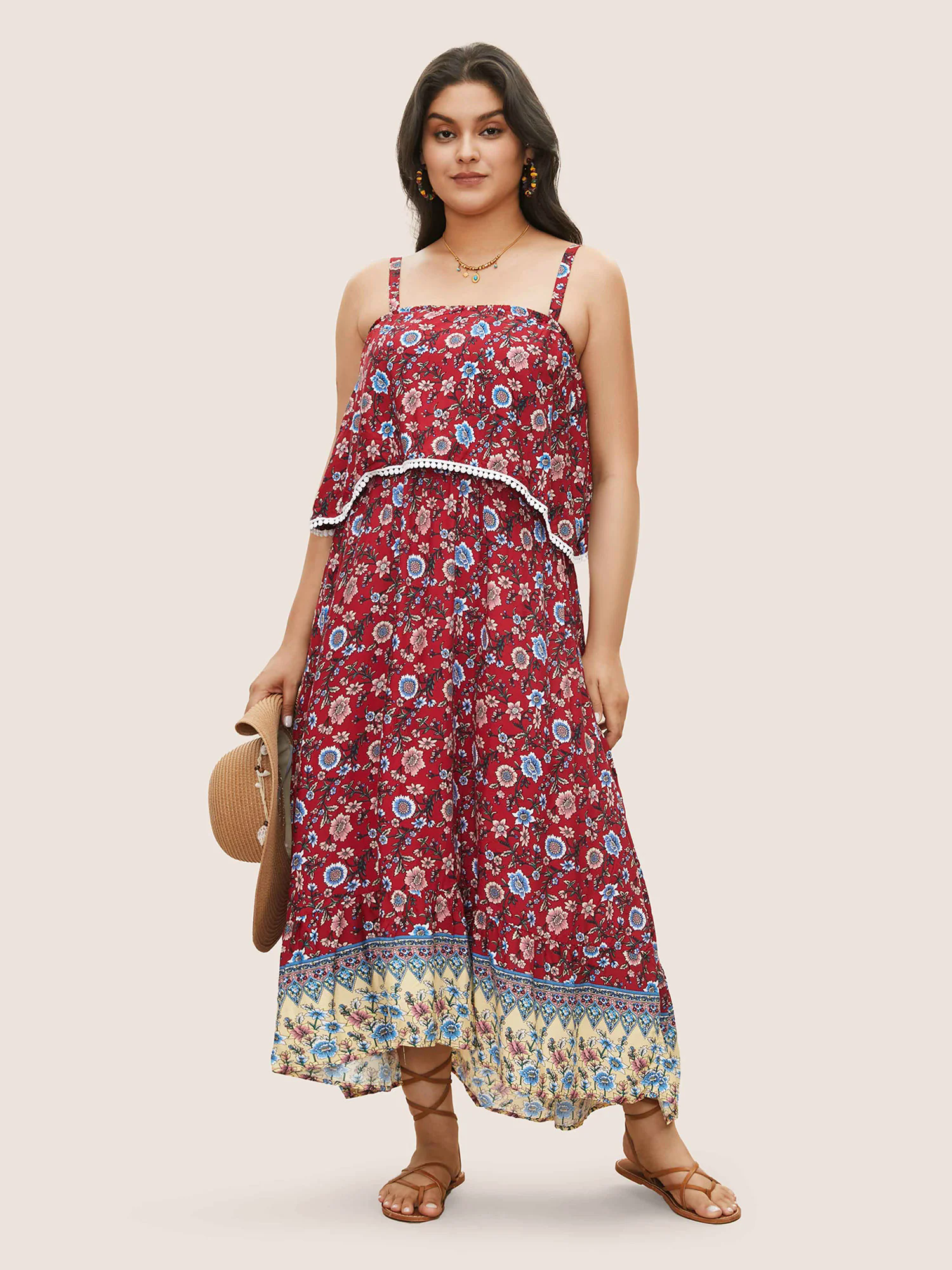 Bandana Print Spaghetti Strap Pocket Ruffles Asymmetrical Hem Maxi Dress