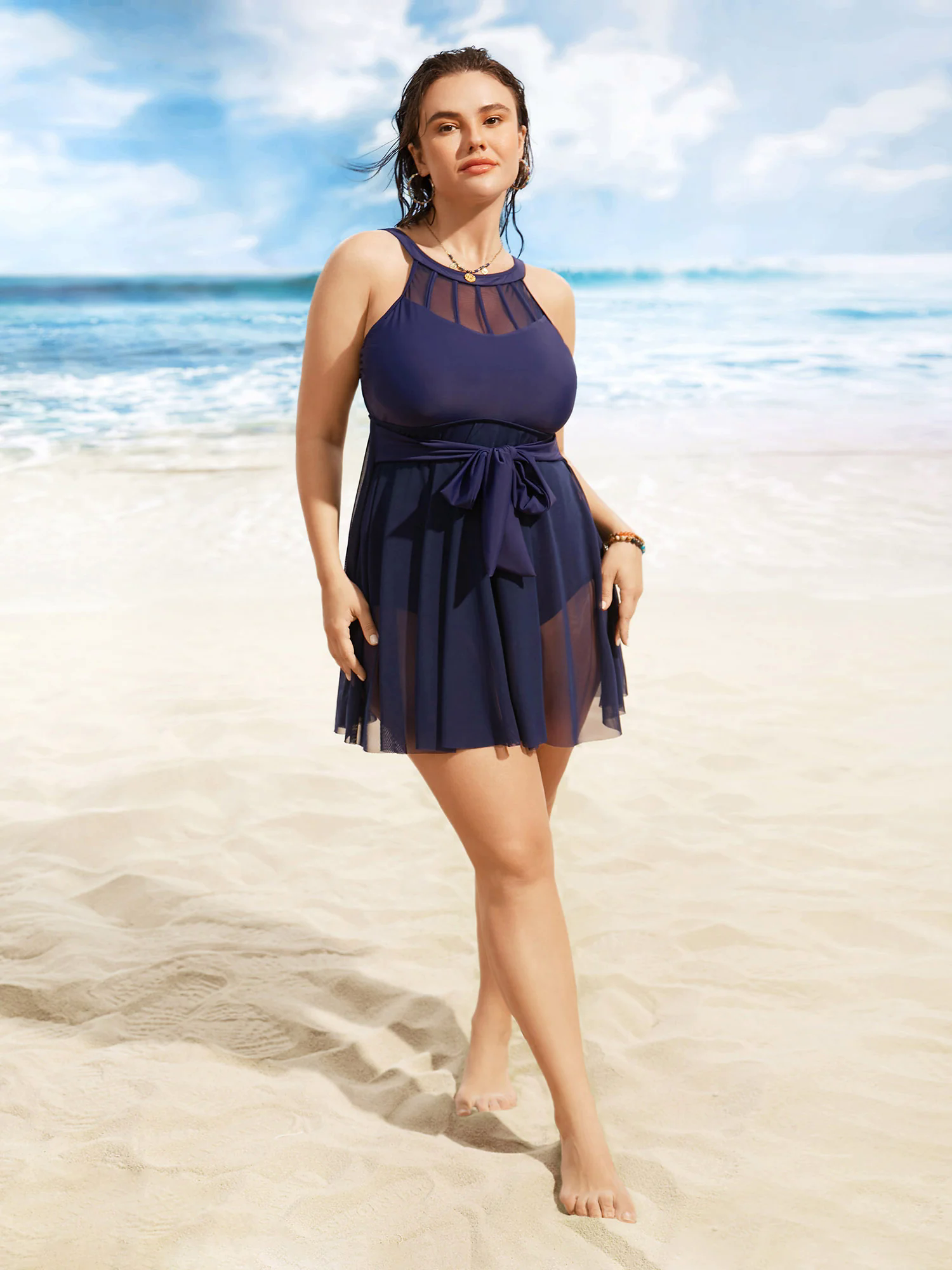 Halter Neck Ties Mesh Patchwork Swim Dress Halter Neck Ties Mesh Patchwork Swim Dress