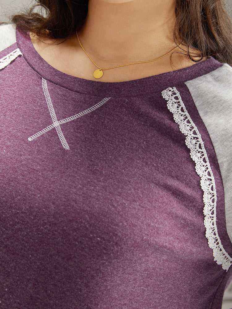 Two Tone Lace Trim Stitch Raglan Sleeve T-shirt Two Tone Lace Trim Stitch Raglan Sleeve T-shirt