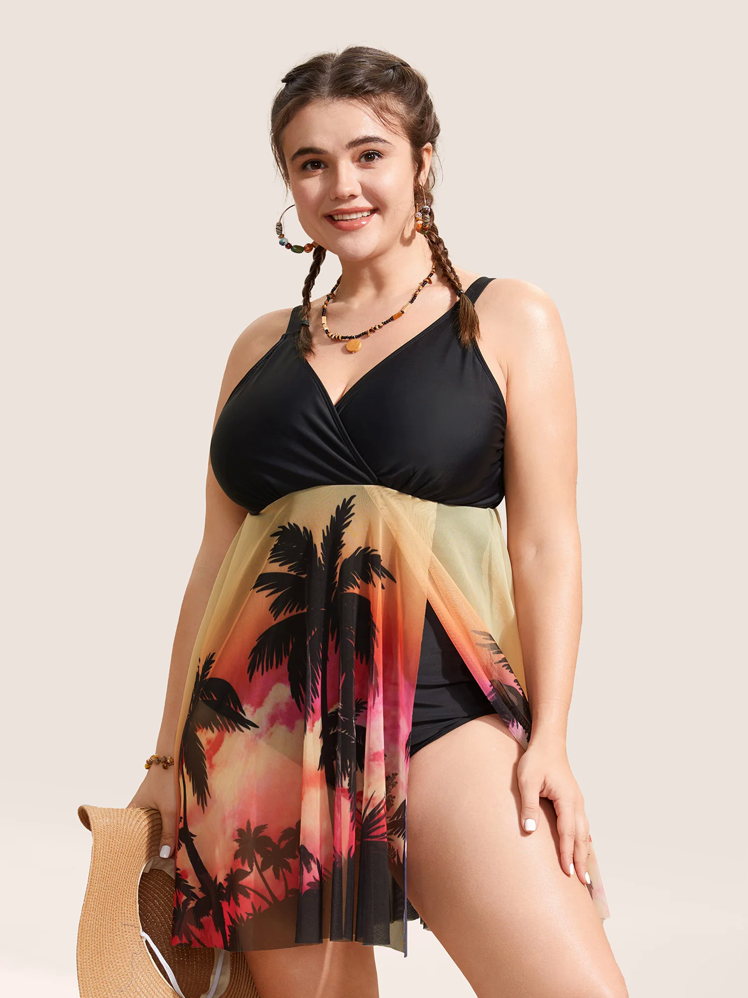 Tropical Print Slit Hem See Through Swim Dress Tropical Print Slit Hem See Through Swim Dress