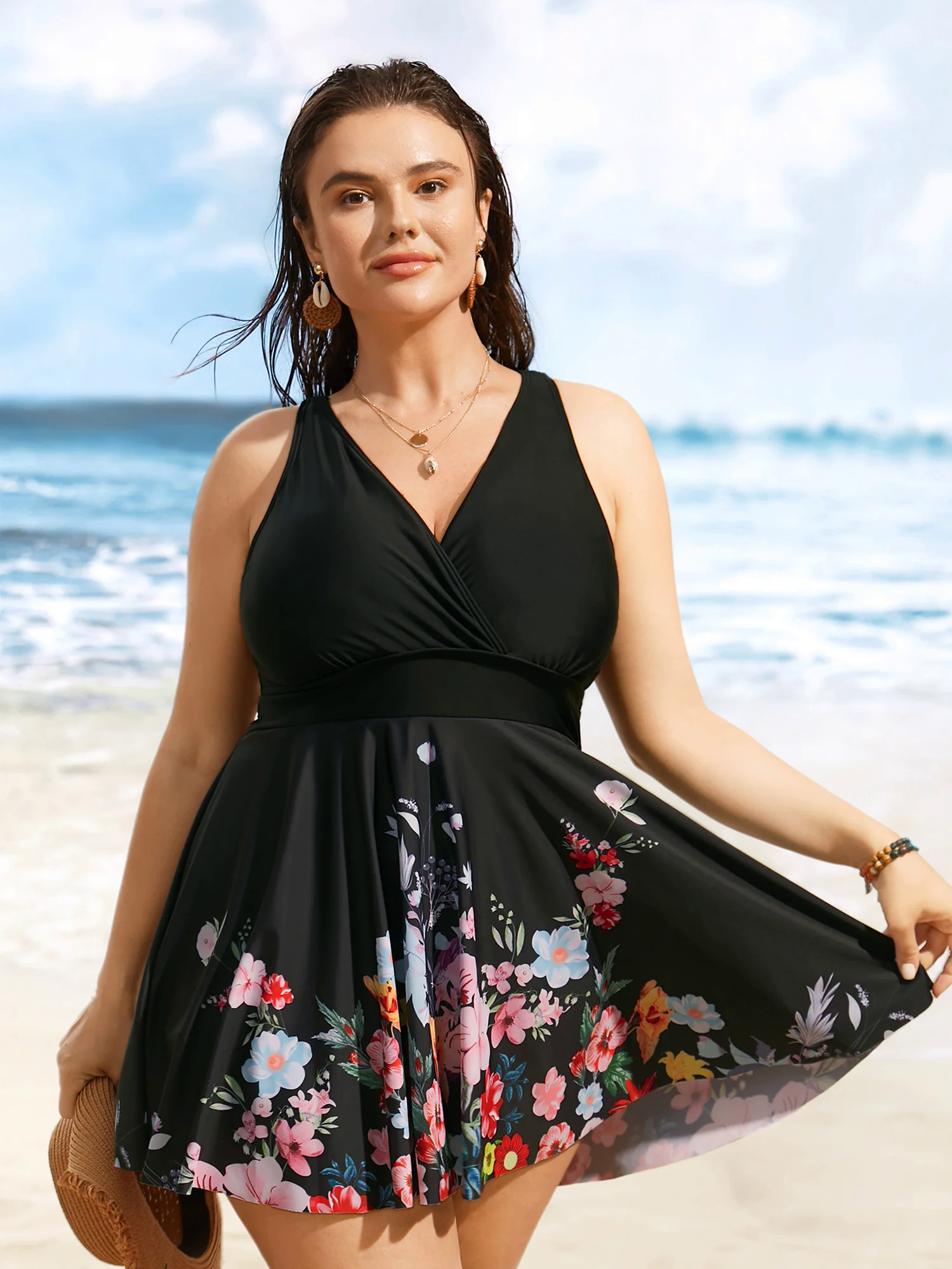Overlap Collar Natural Flowers Gathered Swim Dress Overlap Collar Natural Flowers Gathered Swim Dress