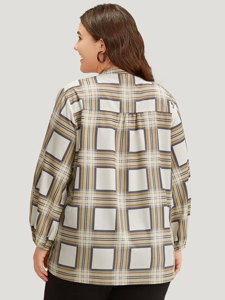 Plaid Shirred Notched Button Up Blouse Plaid Shirred Notched Button Up Blouse