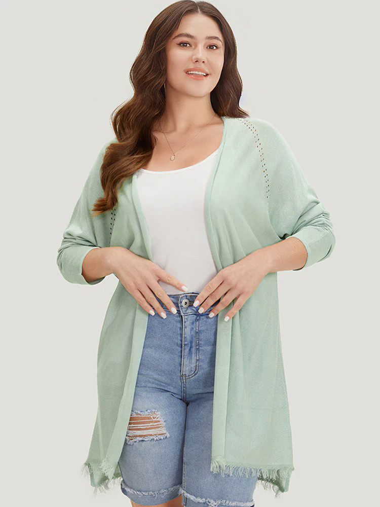 Solid Open Front Fringe Trim Cardigan Solid Open Front Fringe Trim Cardigan