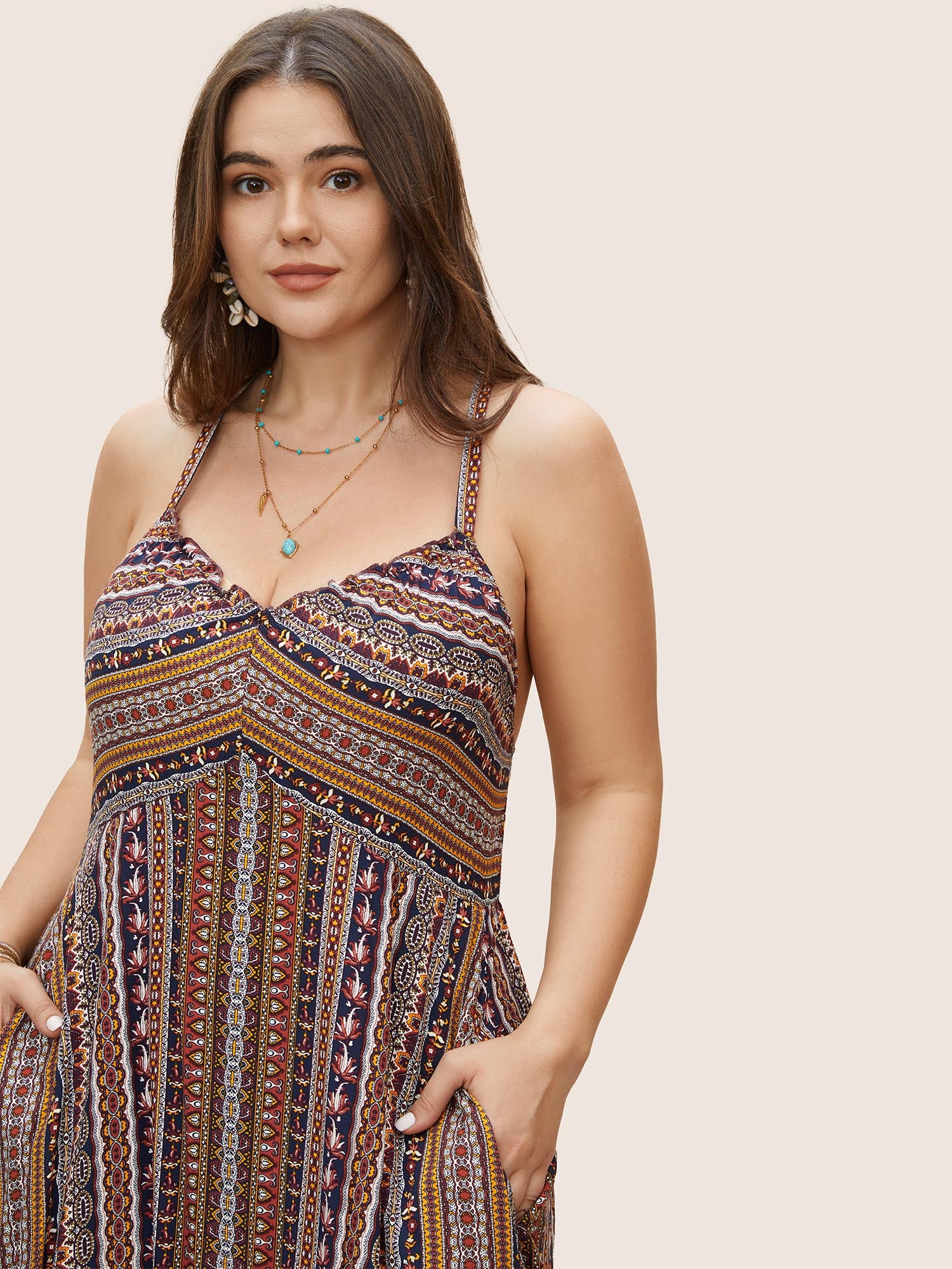 Boho Print Elastic Waist Split Hem Cami Dress Boho Print Elastic Waist Split Hem Cami Dress
