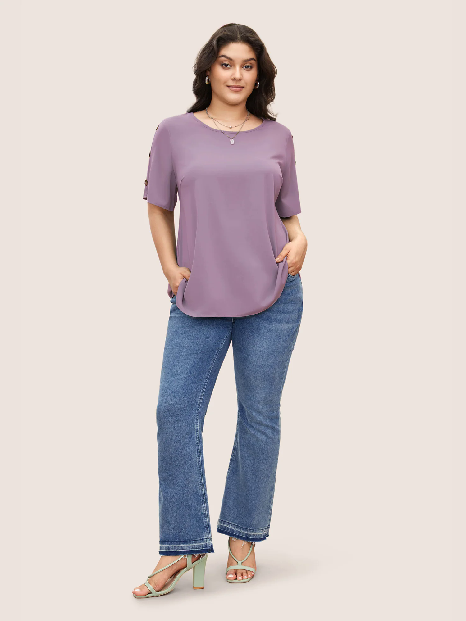 Plain Round Neck Button Detail Blouse Plain Round Neck Button Detail Blouse