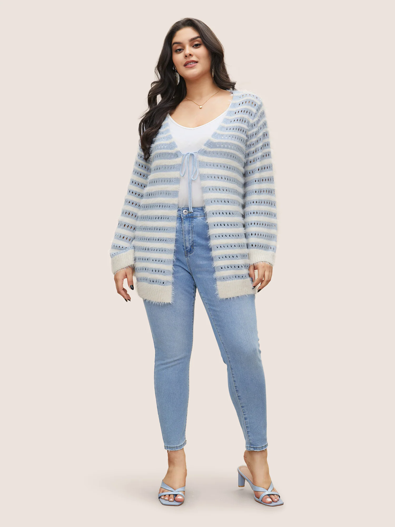 Striped Contrast Ties Front Eyelet Cardigan Striped Contrast Ties Front Eyelet Cardigan