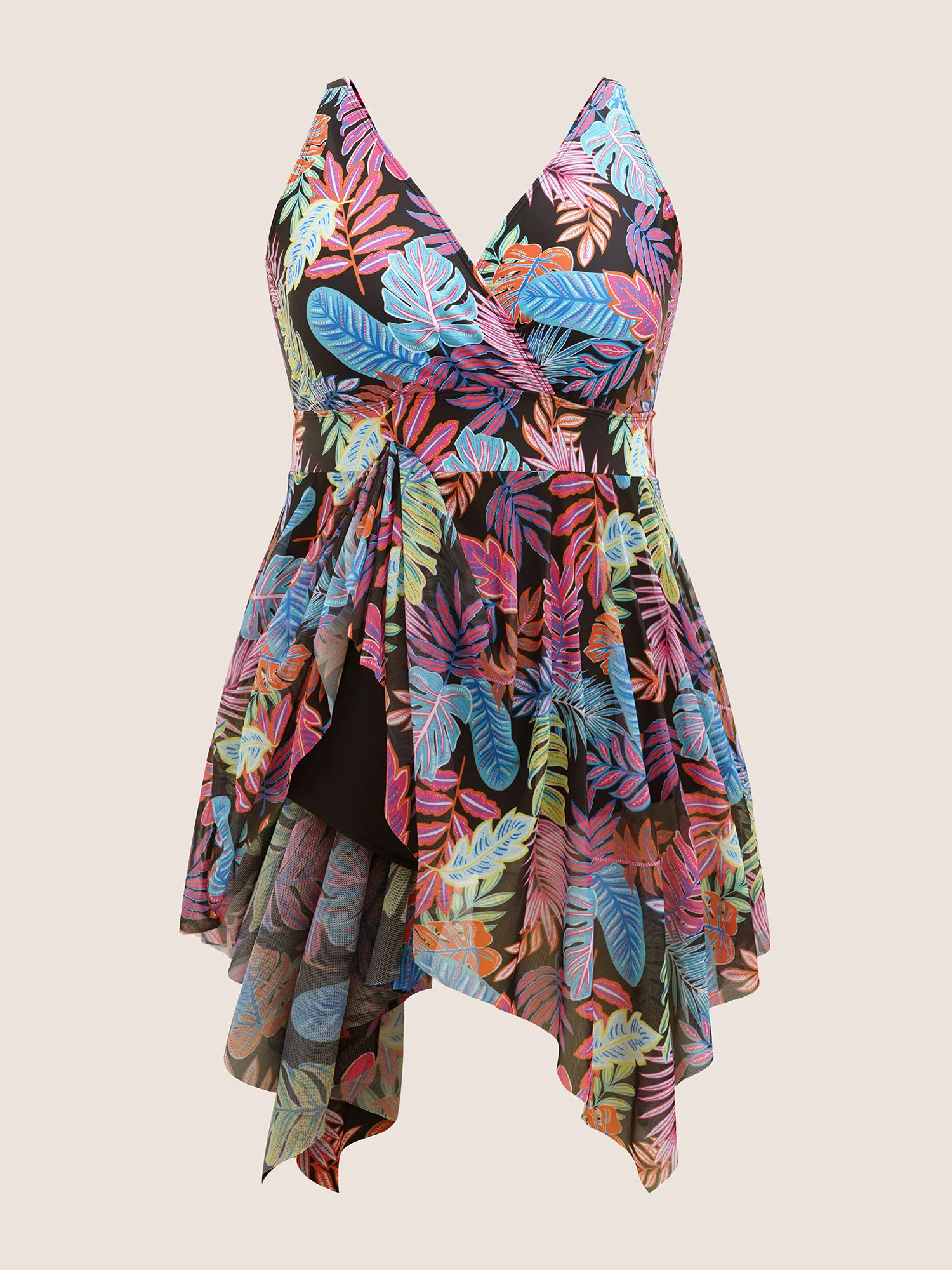 Tropical Print Overlap Collar Hanky Hem Swim Dress Tropical Print Overlap Collar Hanky Hem Swim Dress