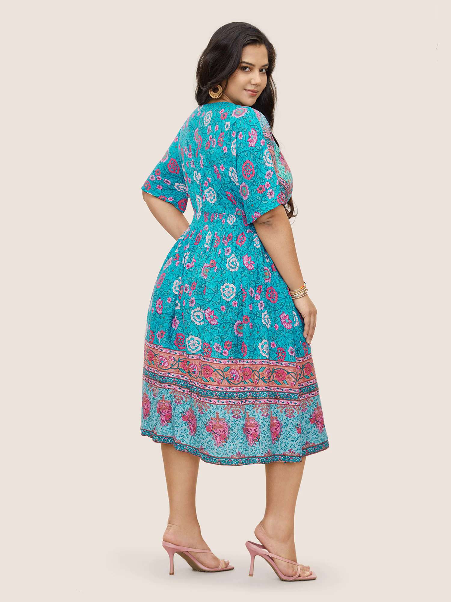 Floral Dolman Sleeve Ruffles Shirred Split Hem Dress Floral Dolman Sleeve Ruffles Shirred Split Hem Dress
