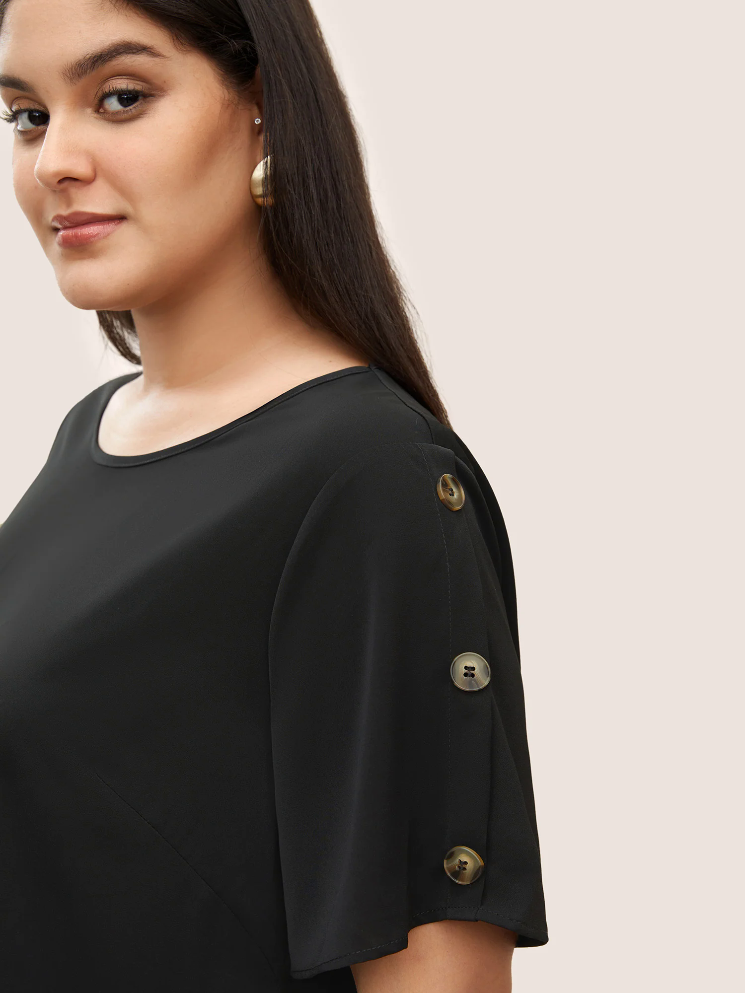 Plain Round Neck Button Detail Blouse Plain Round Neck Button Detail Blouse