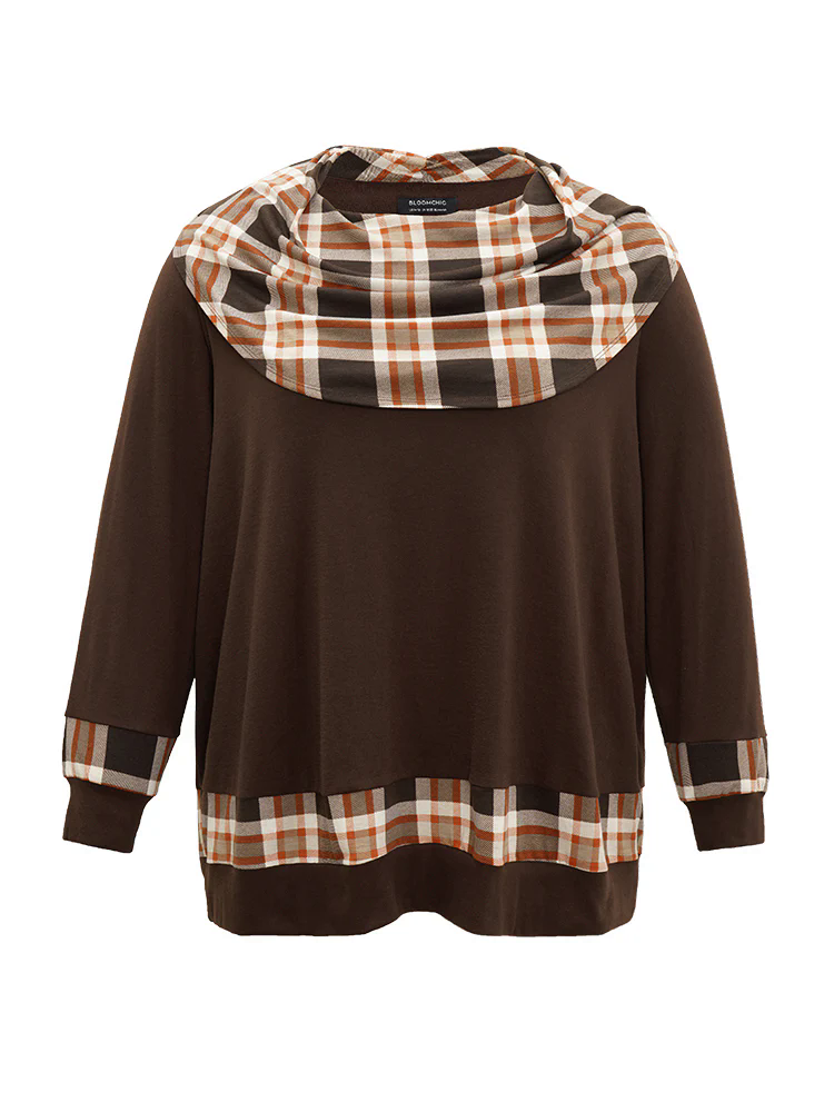 Halloween Plaid Patchwork Cowl Neck T-shirt Halloween Plaid Patchwork Cowl Neck T-shirt