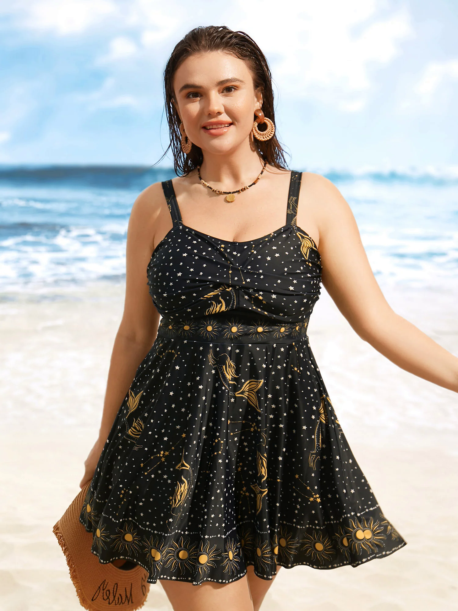 Star & Sun Print Heart Neckline Crossover Swim Dress Star & Sun Print Heart Neckline Crossover Swim Dress