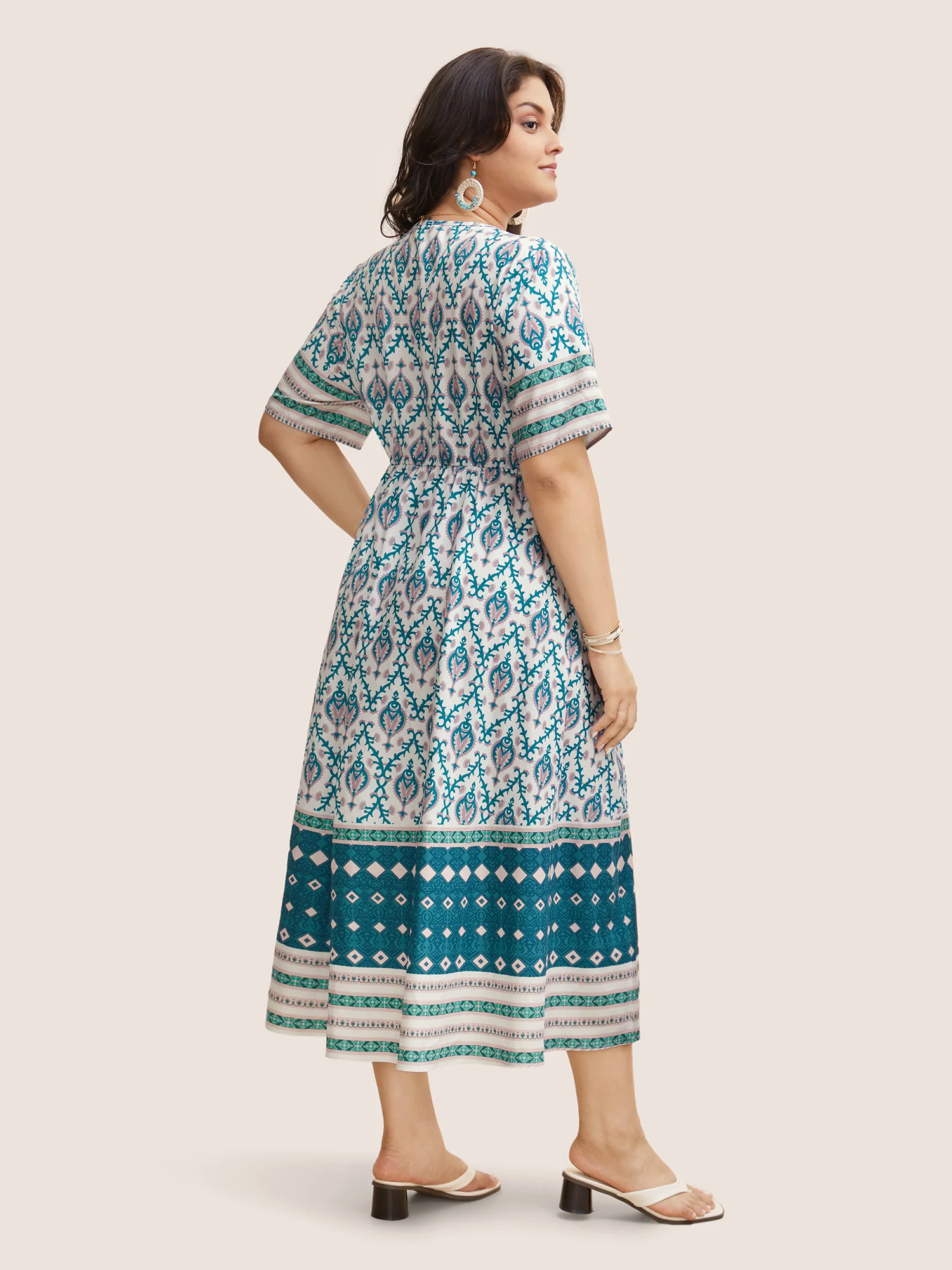 V Neck Boho Print Ruffle Sleeve Midi Dress V Neck Boho Print Ruffle Sleeve Midi Dress