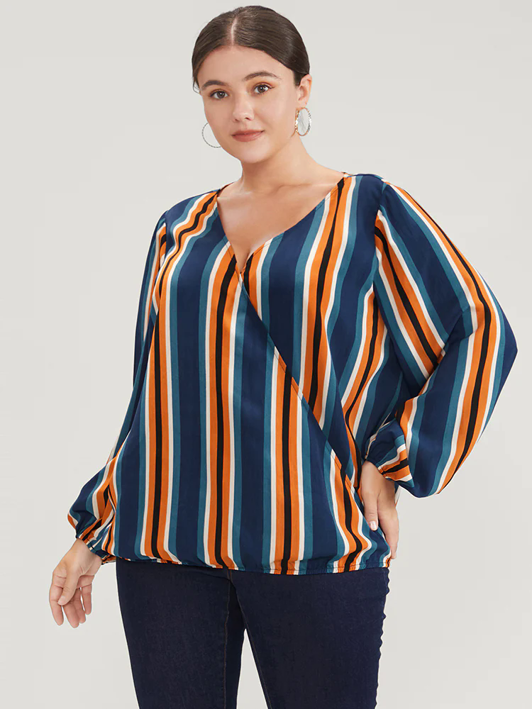 Striped Lantern Sleeve Wrap Blouse Striped Lantern Sleeve Wrap Blouse