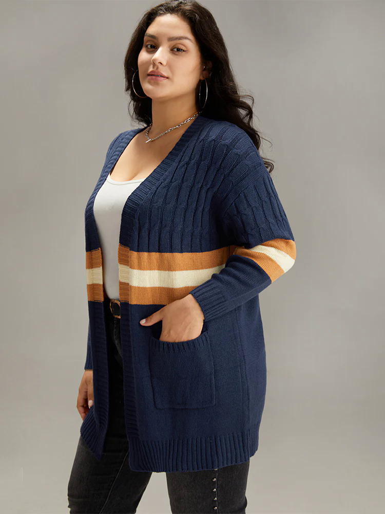 Cable Knit Colorblock Contrast Open Front Cardigan Cable Knit Colorblock Contrast Open Front Cardigan