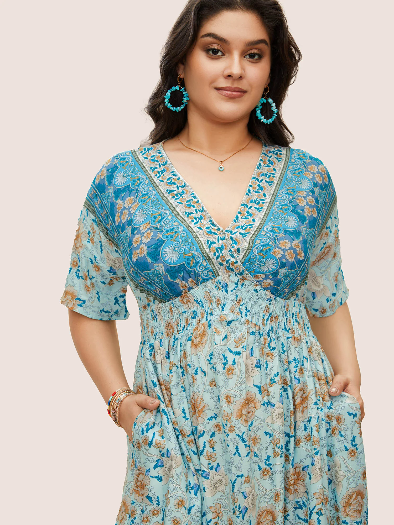 Floral Dolman Sleeve Ruffles Shirred Split Hem Dress Floral Dolman Sleeve Ruffles Shirred Split Hem Dress