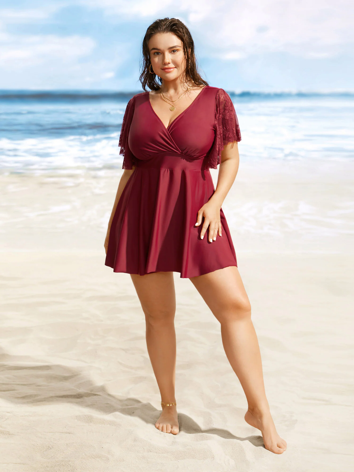 Solid Overlap Collar Lace Patchwork Gathered Swim Dress Solid Overlap Collar Lace Patchwork Gathered Swim Dress