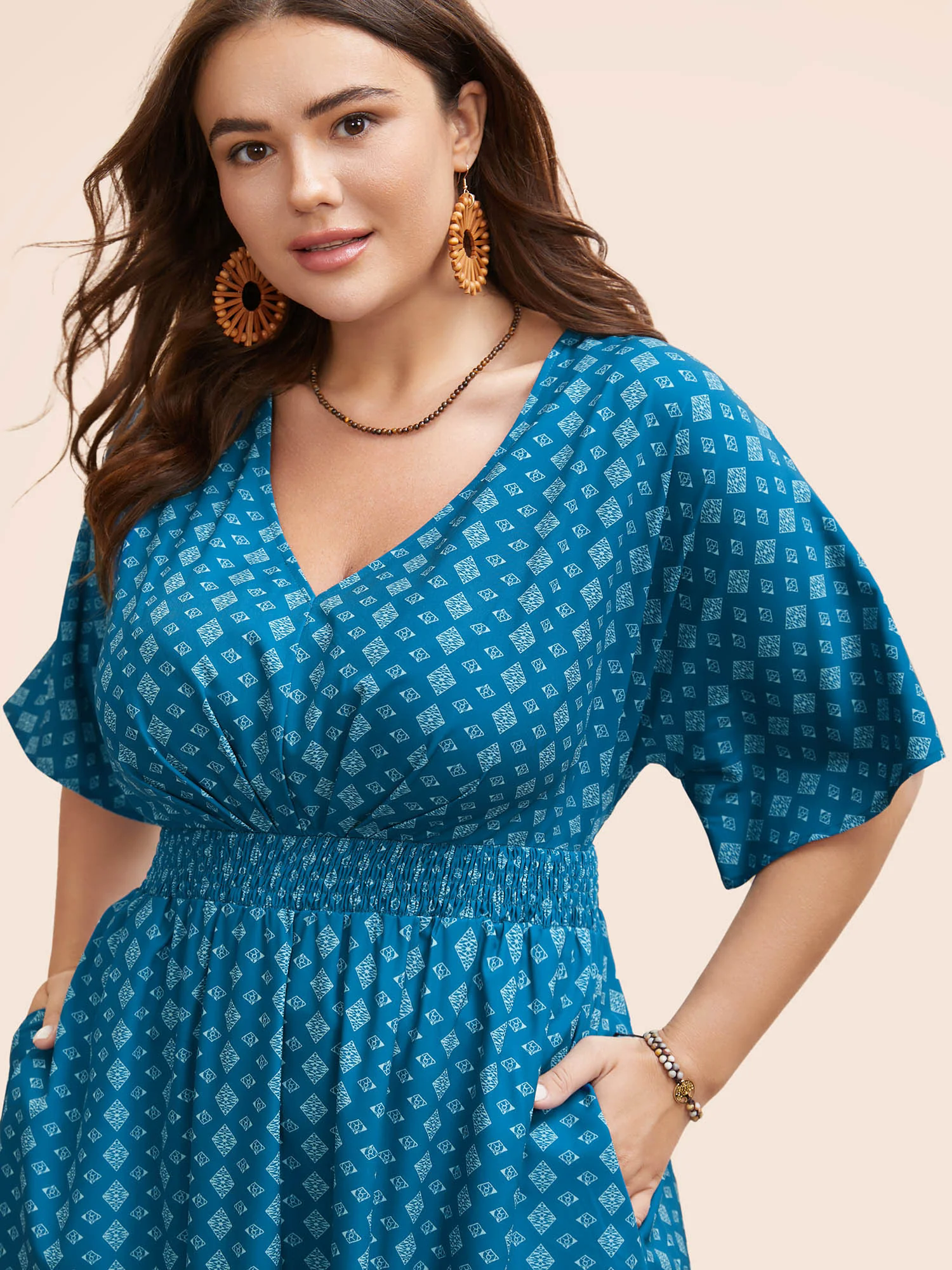 Boho Print Shirred Pleated Dolman Sleeve Dress Boho Print Shirred Pleated Dolman Sleeve Dress