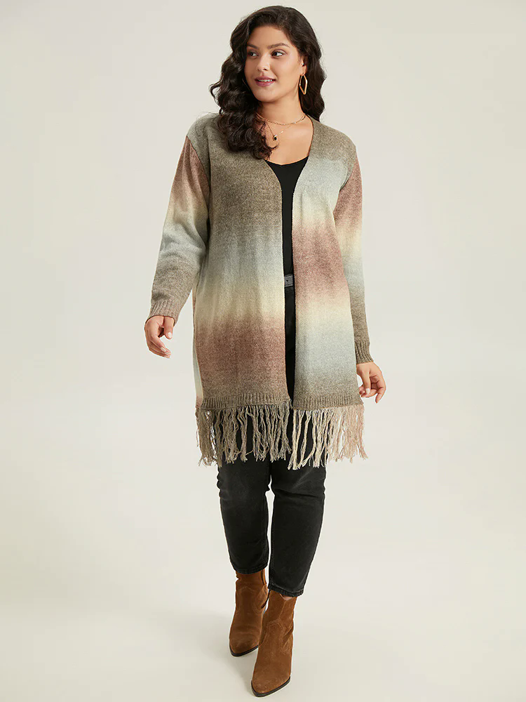 Ombre Fringe Trim Open Front Cardigan Ombre Fringe Trim Open Front Cardigan