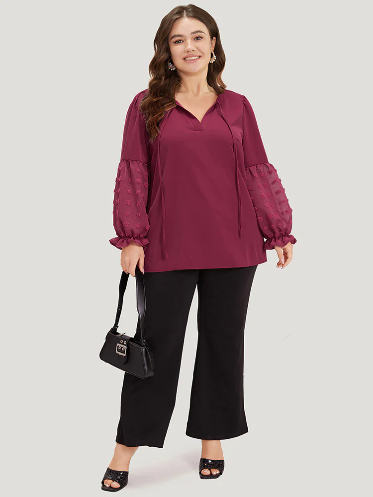 Anti-Wrinkle Plain Knot Neck Frill Trim Lantern Sleeve Blouse
