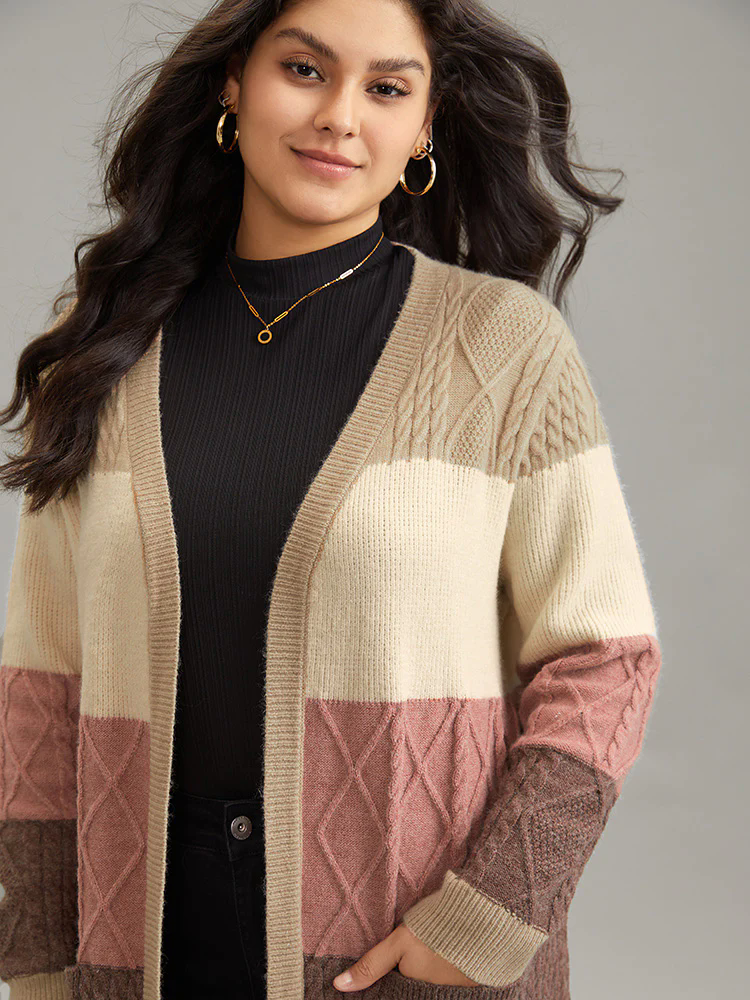 Anti-Pilling Cable Knit Colorblock Patched Pocket Cardigan Anti-Pilling Cable Knit Colorblock Patched Pocket Cardigan