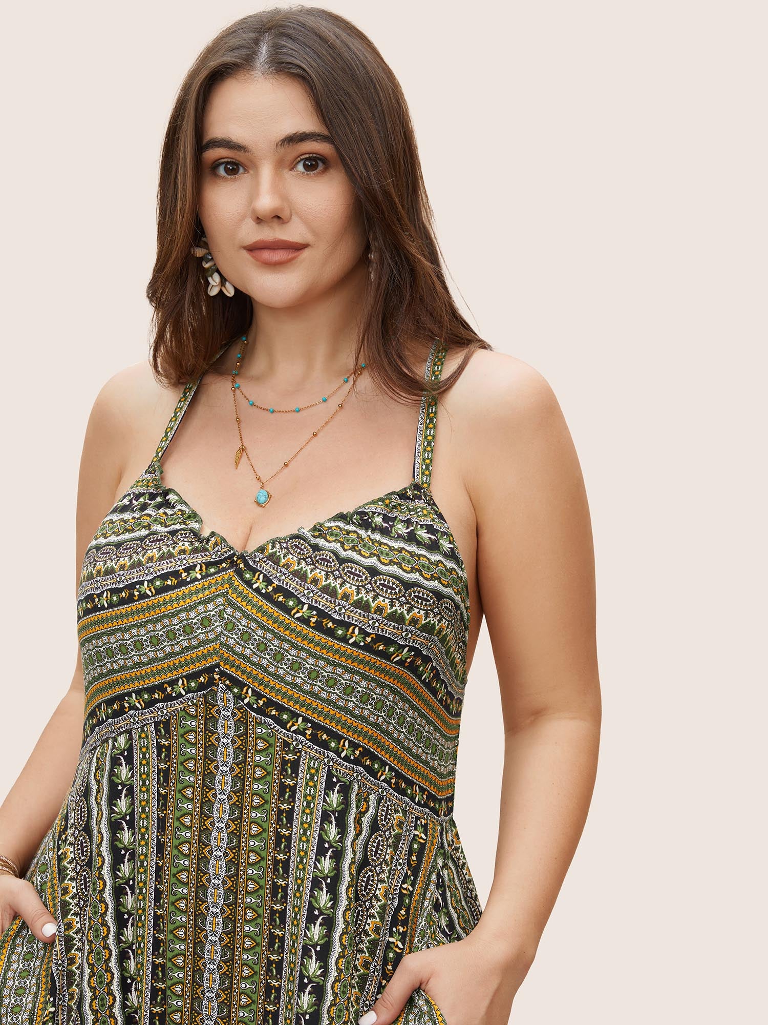 Boho Print Elastic Waist Split Hem Cami Dress Boho Print Elastic Waist Split Hem Cami Dress