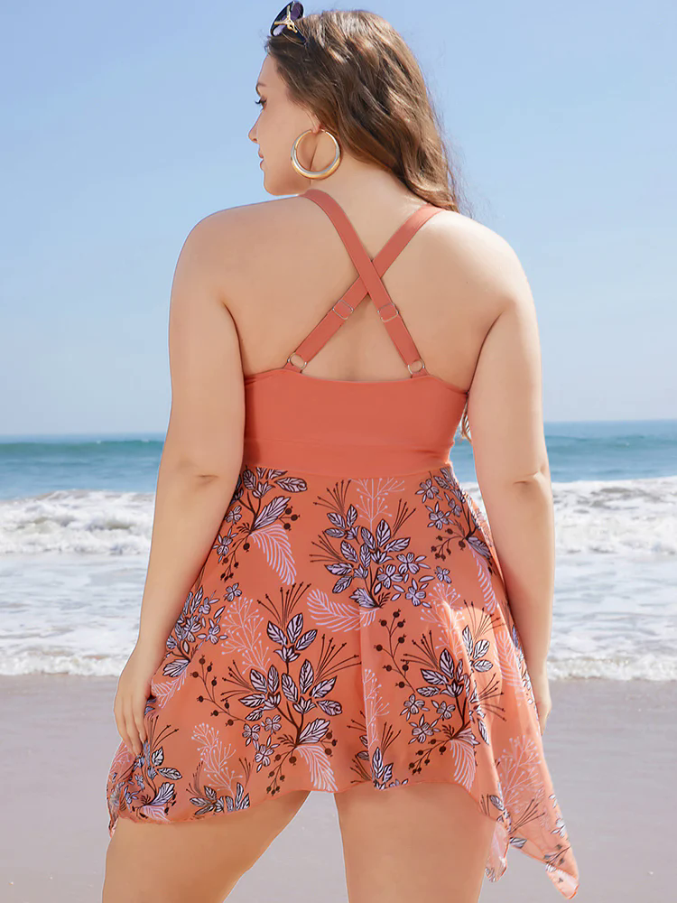 Floral Drawstring Crisscross Back Hanky Hem Swim Dress Floral Drawstring Crisscross Back Hanky Hem Swim Dress