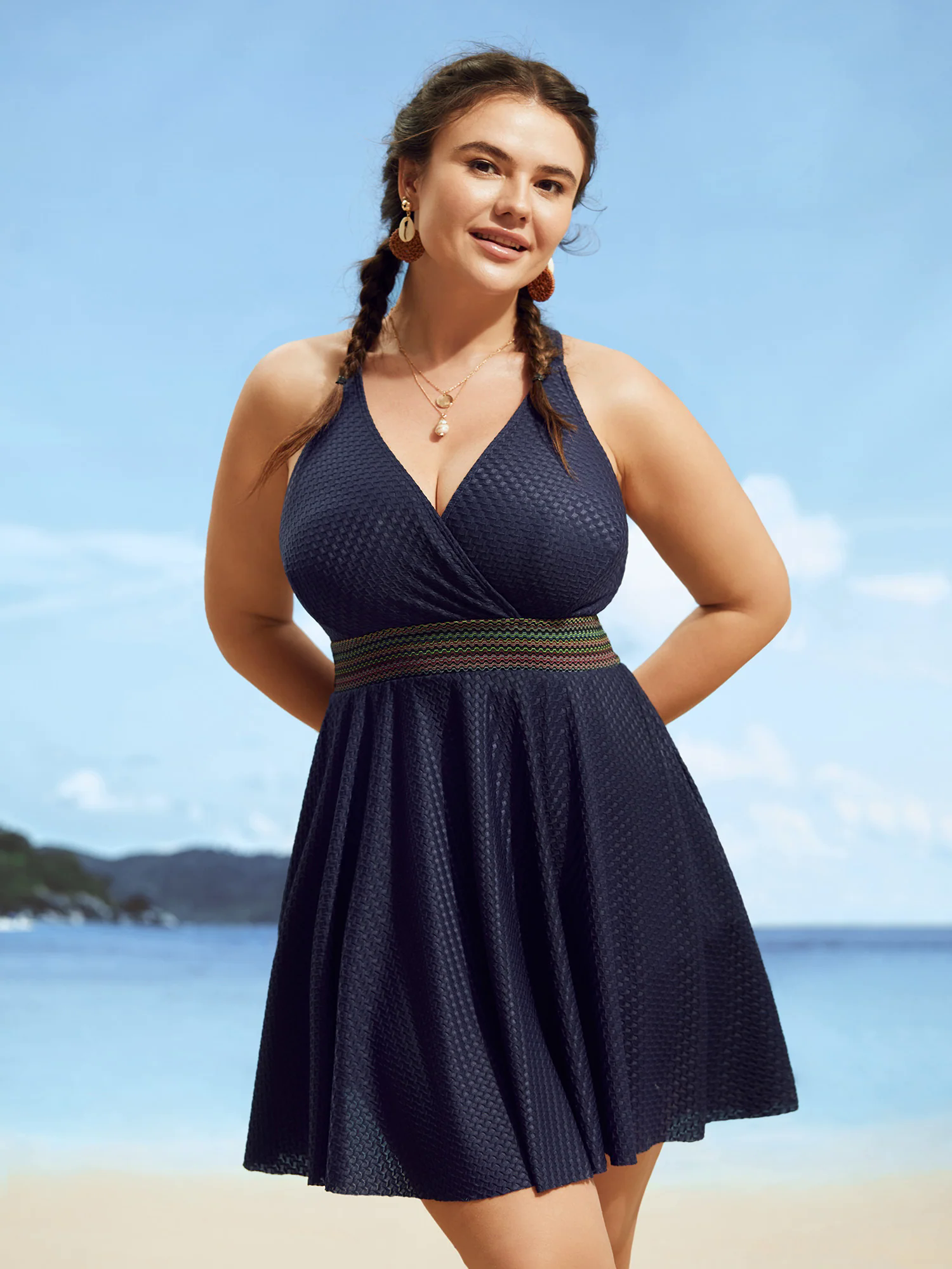 Overlap Collar Textured Gathered Pocket Swim Dress Overlap Collar Textured Gathered Pocket Swim Dress