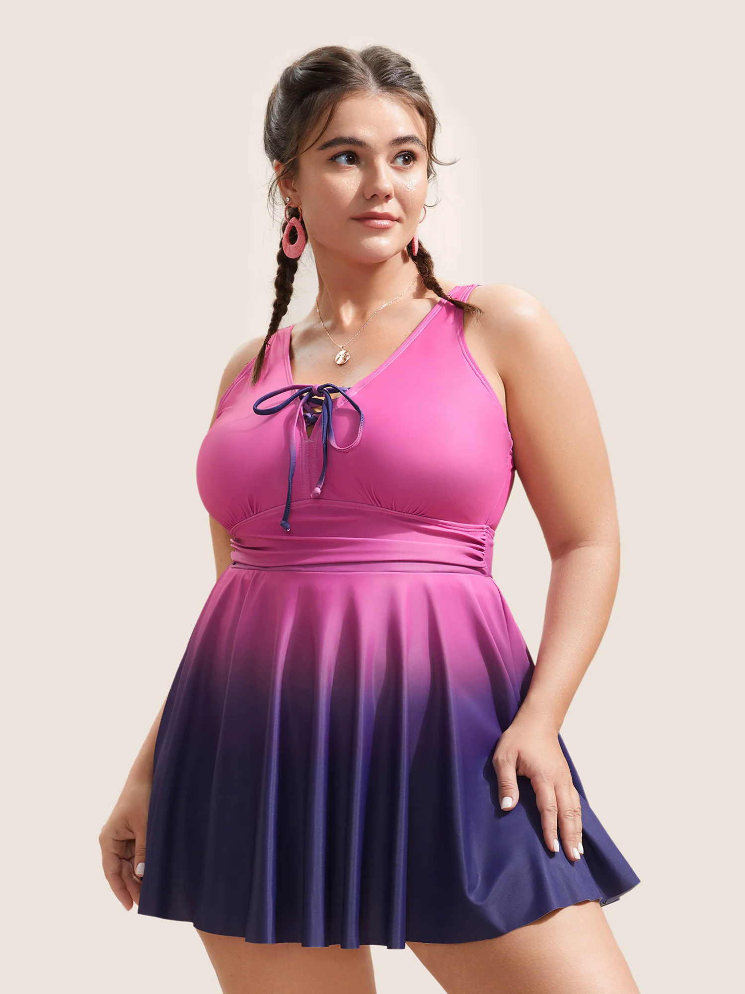 Ombre Contrast Ruched Lace Up Swim Dress Ombre Contrast Ruched Lace Up Swim Dress