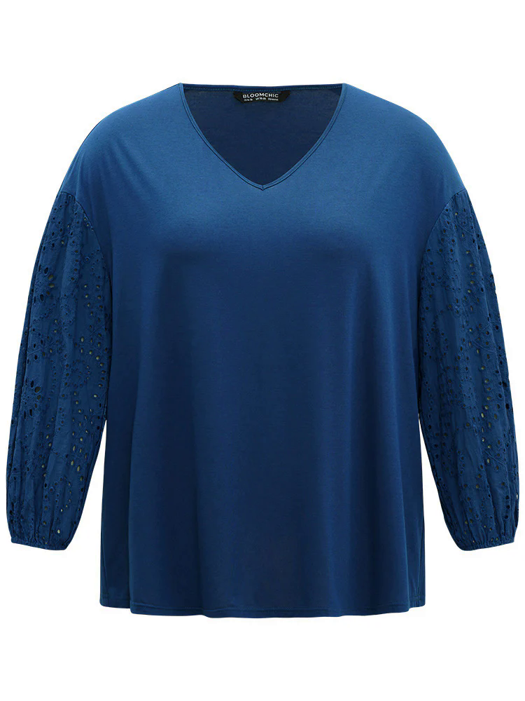 V Neck Broderie Anglaise Patchwork Lantern Sleeve T-shirt V Neck Broderie Anglaise Patchwork Lantern Sleeve T-shirt