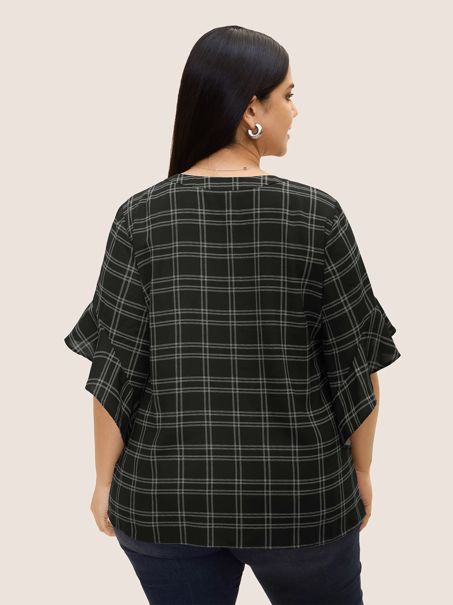 Plaid Notched Patchwork Ruffle Sleeve Blouse Plaid Notched Patchwork Ruffle Sleeve Blouse