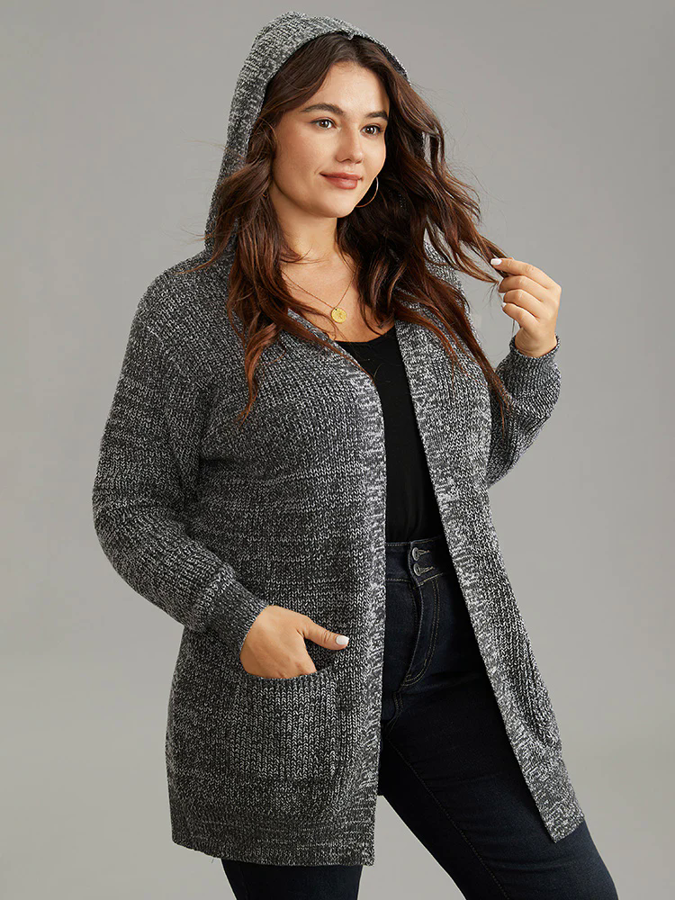 Heather Hooded Patched Pocket Open Front Tunic Cardigan Heather Hooded Patched Pocket Open Front Tunic Cardigan
