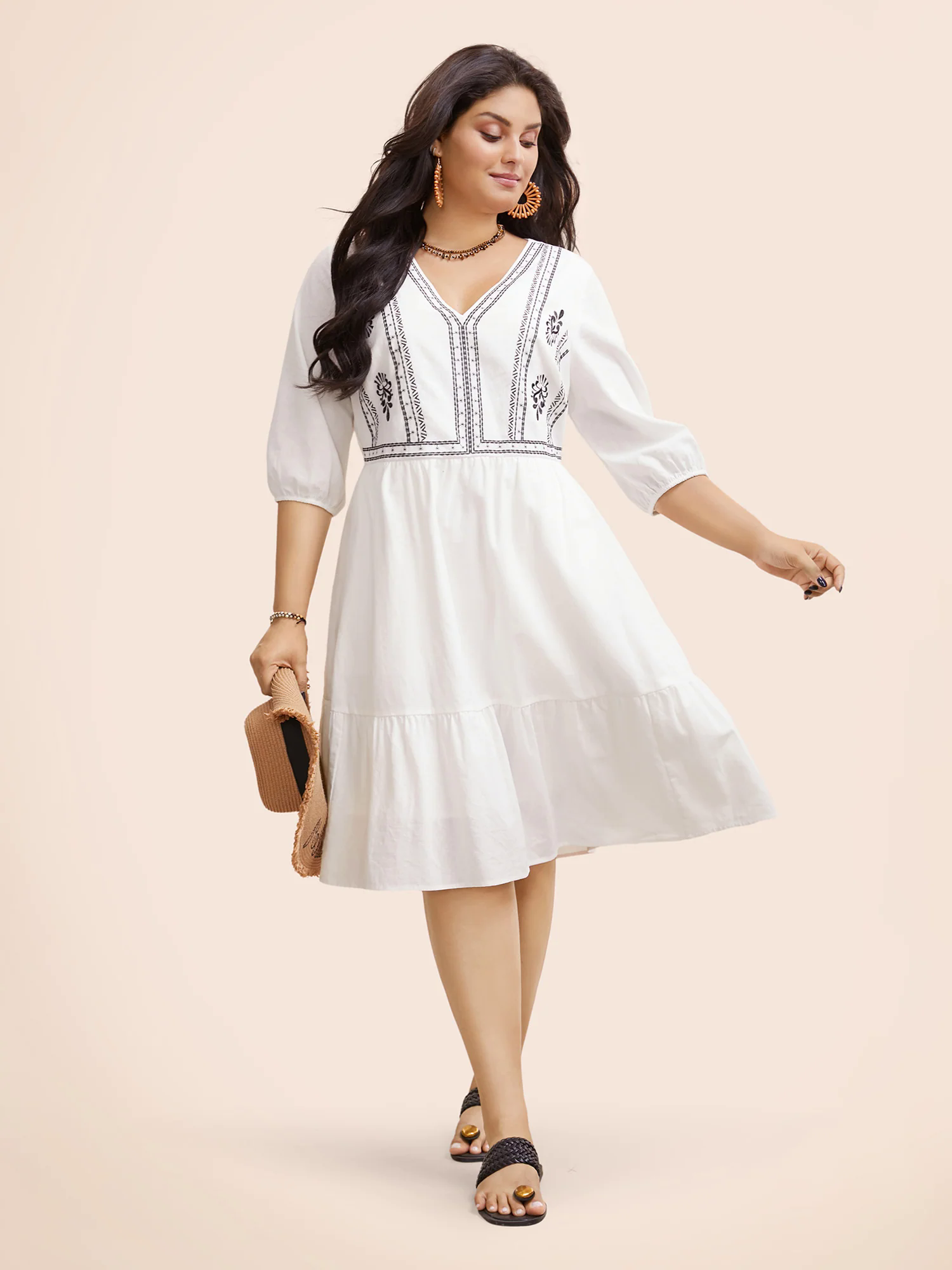 Boho Embroidered Elastic Waist Lantern Sleeve Dress