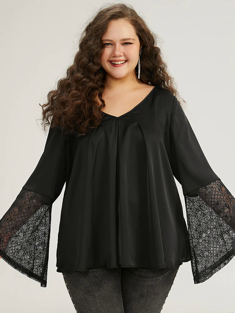 Halloween Lace Patchwork Ties Bell Sleeve Blouse Halloween Lace Patchwork Ties Bell Sleeve Blouse