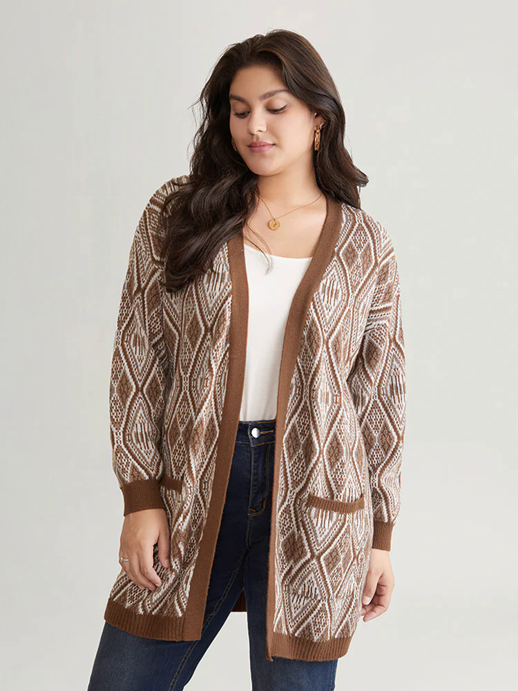 Geometric Graphic Patched Pocket Jacquard Cardigan Geometric Graphic Patched Pocket Jacquard Cardigan