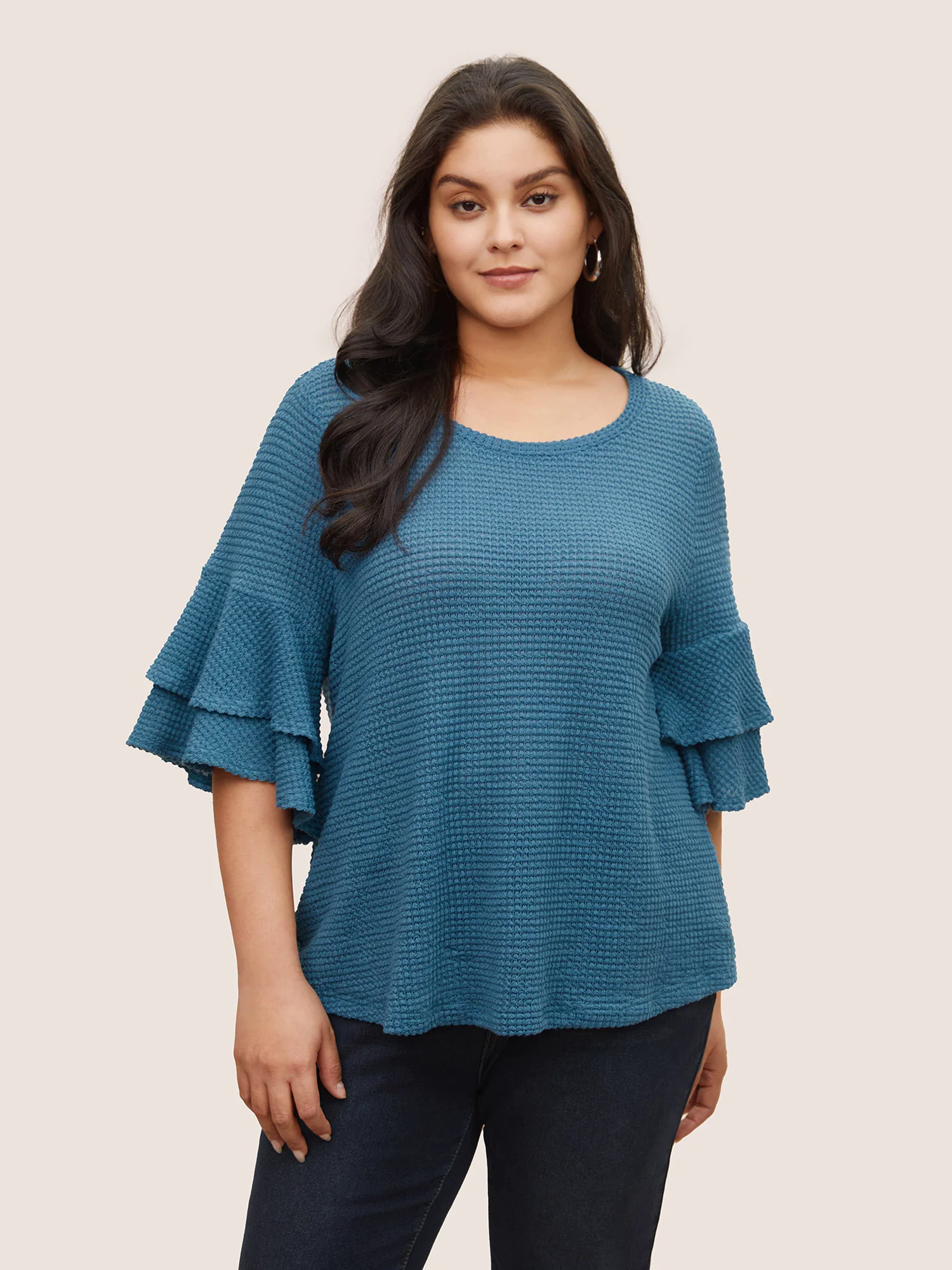 Solid Waffle Knit Tiered Flutter Sleeve T-shirt Solid Waffle Knit Tiered Flutter Sleeve T-shirt