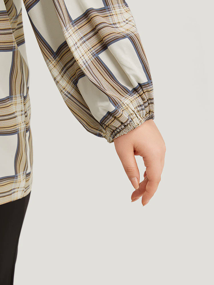 Plaid Shirred Notched Button Up Blouse Plaid Shirred Notched Button Up Blouse