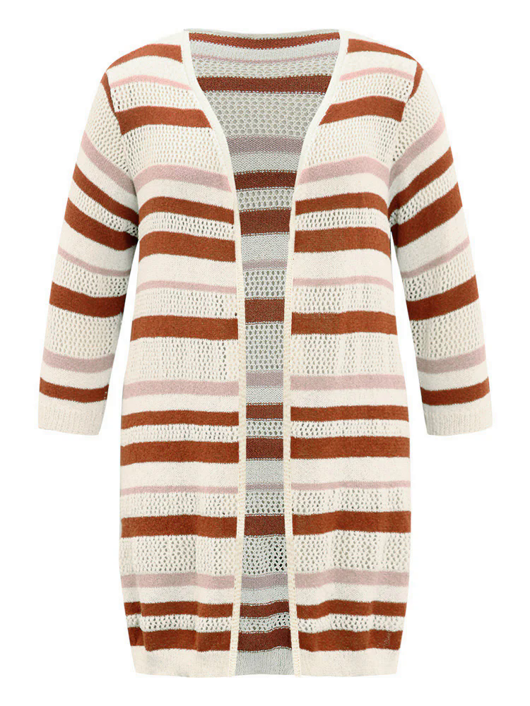 Striped Hollow Out Open Front Split Hem Cardigan Striped Hollow Out Open Front Split Hem Cardigan