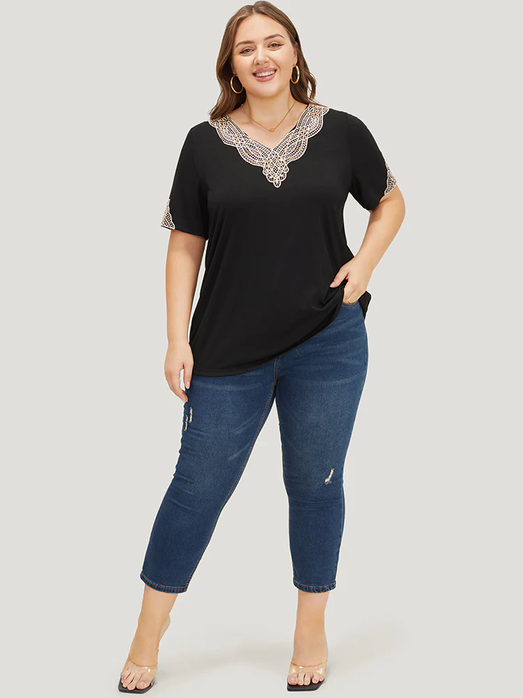 Plain Guipure Lace V Neck T-shirt Plain Guipure Lace V Neck T-shirt