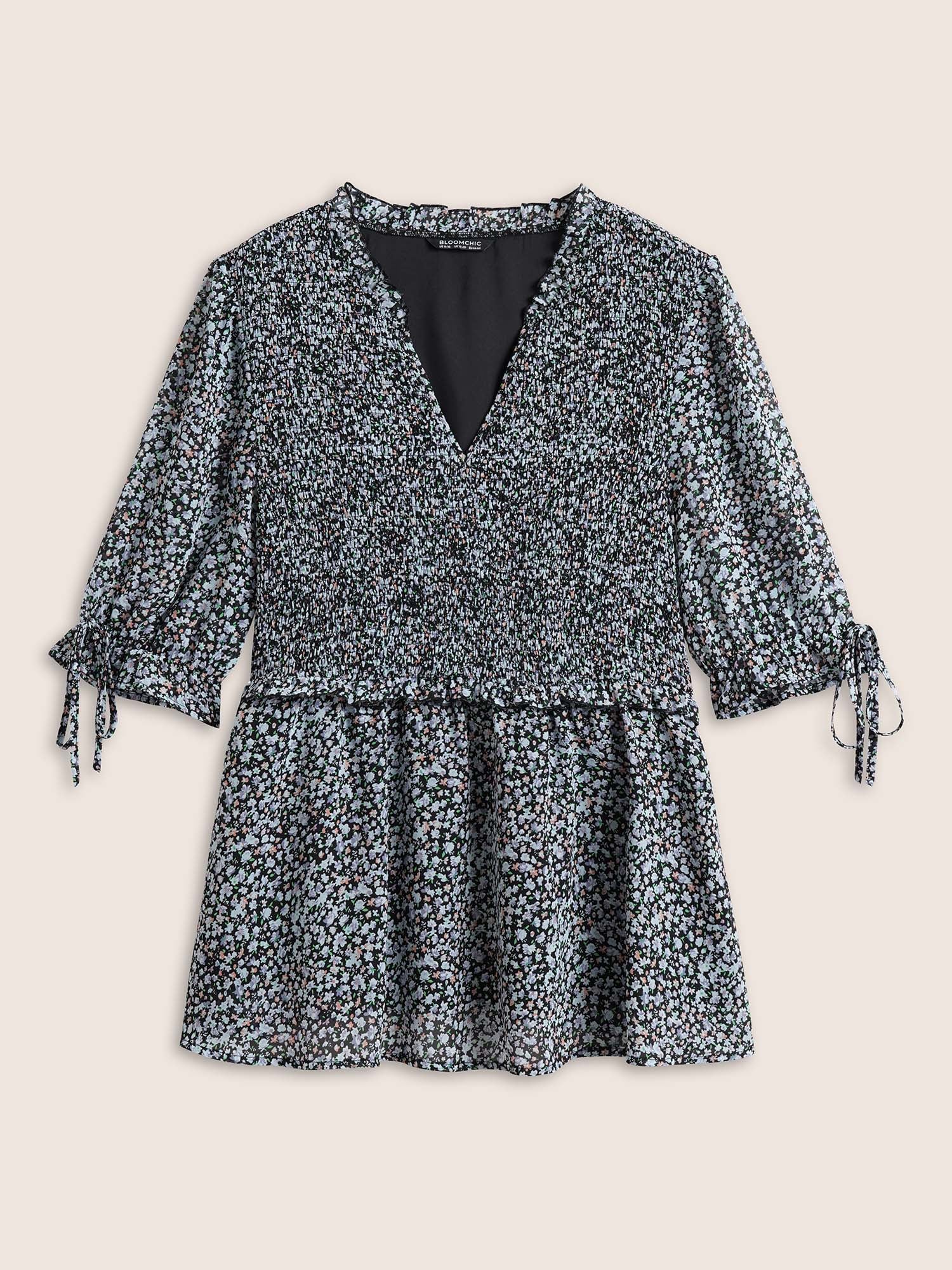 Chiffon Ditsy Floral Ruffles Shirred Ties Blouse Chiffon Ditsy Floral Ruffles Shirred Ties Blouse